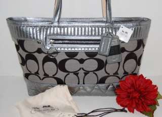 COACH POPPY Black Silver Liquid Gloss Gunmetal Signature Tote Handbag 