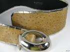 Womens Beautiful Wide Ostrich Leather Belt Silver Metal Accent  