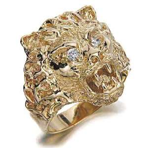  Mens Ring in Yellow 925 Silver with White Cubic Zirconia, form Lion 