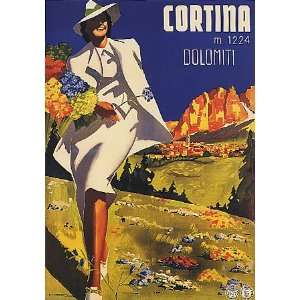   GIRL FLOWERS CORTINA DOLOMITI EUROPE ITALY ITALIA VINTAGE POSTER REPRO