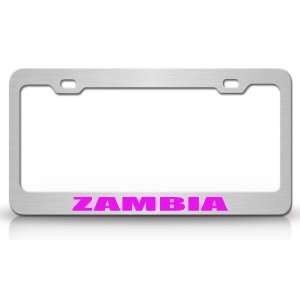 ZAMBIA Country Steel Auto License Plate Frame Tag Holder, Chrome/Pink