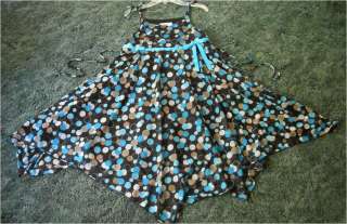 CUTE BROWN & BLUE CIRCLE DOT SUMMER HANKY HEM DRESS 14  