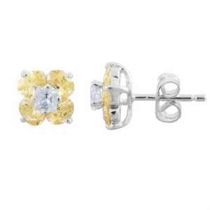   Silver Flower Champagne Cubic Zirconia and Simulated CZ Post Earrings