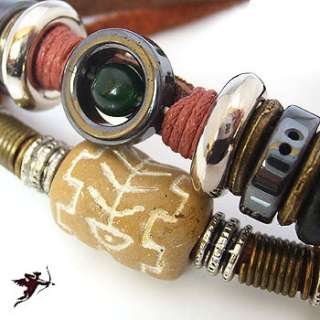 Ethnic hemp leather tribal bracelet wristband ceramic  