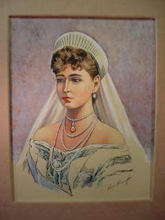 CZARINA ALEXANDRA Russian Empress GOUACHE WATERCOLOR PORTRAIT Painting 