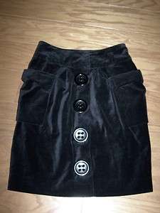 Anthropologie Elevenses Black Cotton Velvet Big Button & Pockets Skirt 
