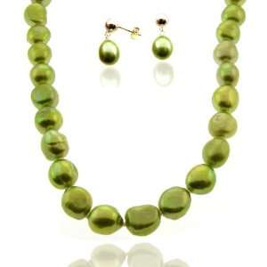 DaVonna Lime Green Freshwater Pearl Necklace and Earring Set (10 11 mm 