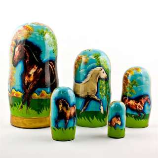  Dolls, Wooden Stackable Dolls,5 pcs/ 6.5  Running Horses Russian 
