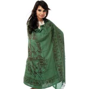  Green Printed Ganesha Prayer Shawl   PolyCotton 