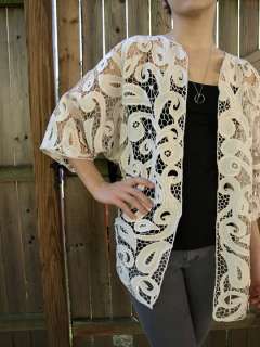 Vintage embroidered IVORY White Lace JACKET robe Top boho chic XS/S/M 