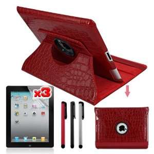 Premiun 3 packs Screen Protector + 360 Degrees Rotating Red Leather 