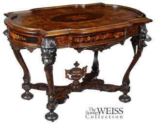 SWC Rare Inlaid Walnut Revival Center Table w/ Wolf Heads, 1870  