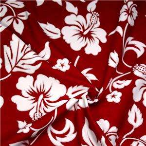   Hawaiian Print Cotton Fabric, Red Hibiscus Flowers on White, BTY