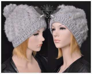   Gray Cute Winter Lady Beret Beanie Hat Rabbit Fur Pompon Lolita Design