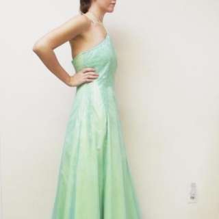 Ethereal Green Blue Full Length Mesh Beaded Halter Top Prom Dress Gown 