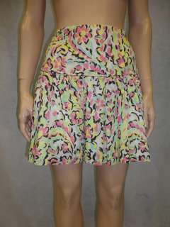 Milly of New York Pink Yellow Floral Print Cotton A Line Mini Skirt 4 
