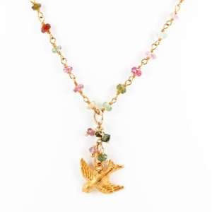  Pink and Green Tourmaline Gemstone Necklace with Gold Vermeil 