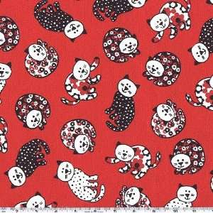   45 Wide Cats & Flowers Red Fabric By The Yard Arts, Crafts & Sewing