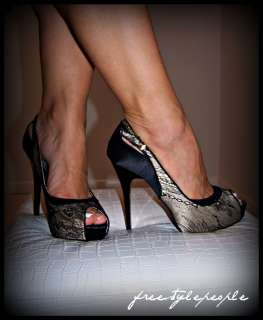 NEW GUESS Beige Black Lace Satin LOUISA Peep Toe ALL SIZES Pumps Shoes 