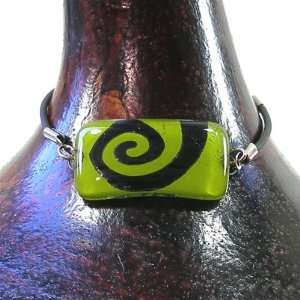 Rectangular Glass Bracelet   Green and Black Swirl Design  