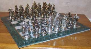 14 Square Chess Set Marble Green Board Crusader Metal Figures  