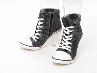 Women High Heels Canvas Sneakers tennis shoes Boots Black US 5.5 8