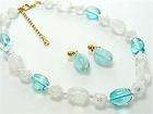 BLUE CLEAR GLASS BEAD WHITE MESH CLOTH NECKLACE SET