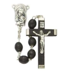  7mm Black Carved Wood Beads and Madonna & Baby Center 