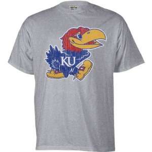  Kansas Jayhawks Grey Distressed Mascot T Shirt Sports 