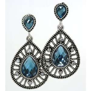    Ornate Filligree Design Blue Stone Tear drop Post Earrings Jewelry
