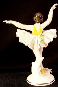 Porcelain Dresden Woman in Yellow White & Pink Tutu Very Nice  
