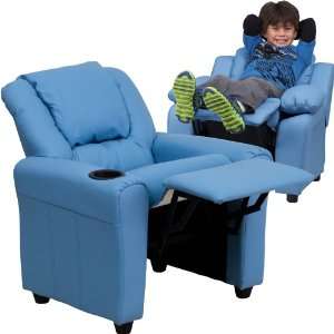  Contemporary Light Blue Vinyl Kids Recliner with Cup 