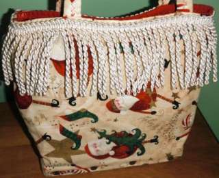   Crafted Christmas Santa Fringed Womans Hand bag Purse Wood Bottom