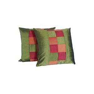 Silk cushion covers, Patchwork Lime (pair) 