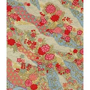 Yuzen Chiyogami Kirara  Blue Pink and Cream with Red and Pink Floral 