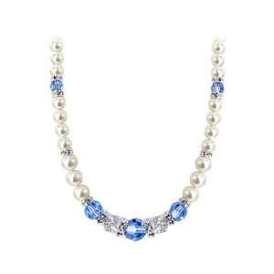 Sterling Silver White Imitation Pearl & Cool Blue Crystal Necklace 18 