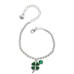 Green Four Leaf Clover with Heart Leaves Silver Plated Brass Charm 