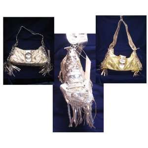      SILVER Metallic Paisley Hanging Fringe Handbag 