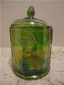 INDIANA GLASS RARE VINTAGE HARVEST GRAPE GREEN CARNIVAL GLASS CANISTER 