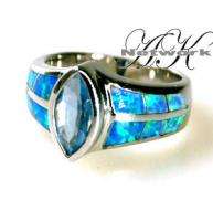 925 SILVER SIMULATED OPAL BLUE TOPAZ COLOR RING NEW S 6  
