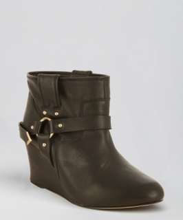 Rebecca Minkoff black leather harness wedge booties