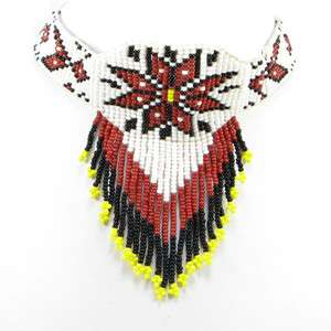 RED BLACK WHITE YELLOW SEED BEADED STAR BIB NECKLACE  