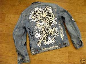 1400 Hand Embroidered white tiger denim jacket harley  