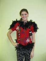 SHOW GIRL STYLE FEATHER FOOFOO LIGHT UP UGLY CHRISTMAS SWEATER GLAM SZ 