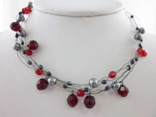 DESIGNER Silver Tone Wire Red Beaded Floating Necklace  