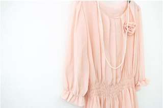 Chiffon ruffle smock TOP blouse rose corsage beige pink  