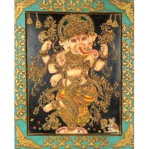  Dancing Ganesha   Antiquated Color on Board (Framed)