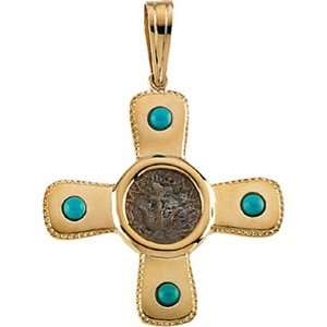  14K Yellow Gold Cross Turquoise Pendant with Widows Mite 