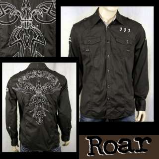 ROAR Mens Shirt SELECT DK brown Embroidered Button down  