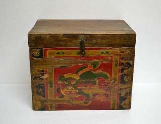 Rare Chinese Antique Wood Box Painted Foo Dog MAR12 01  